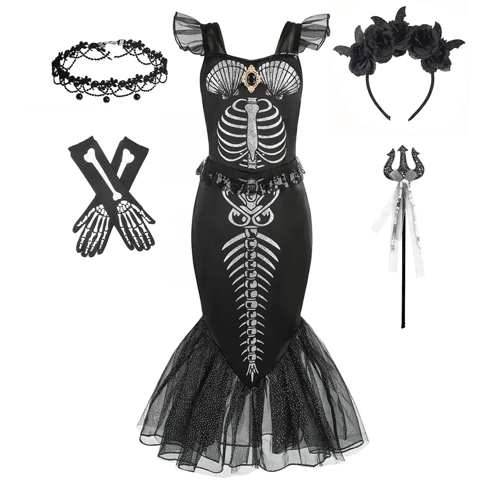 Gothic Mermaid Skeleton Dress – Ages 2–10