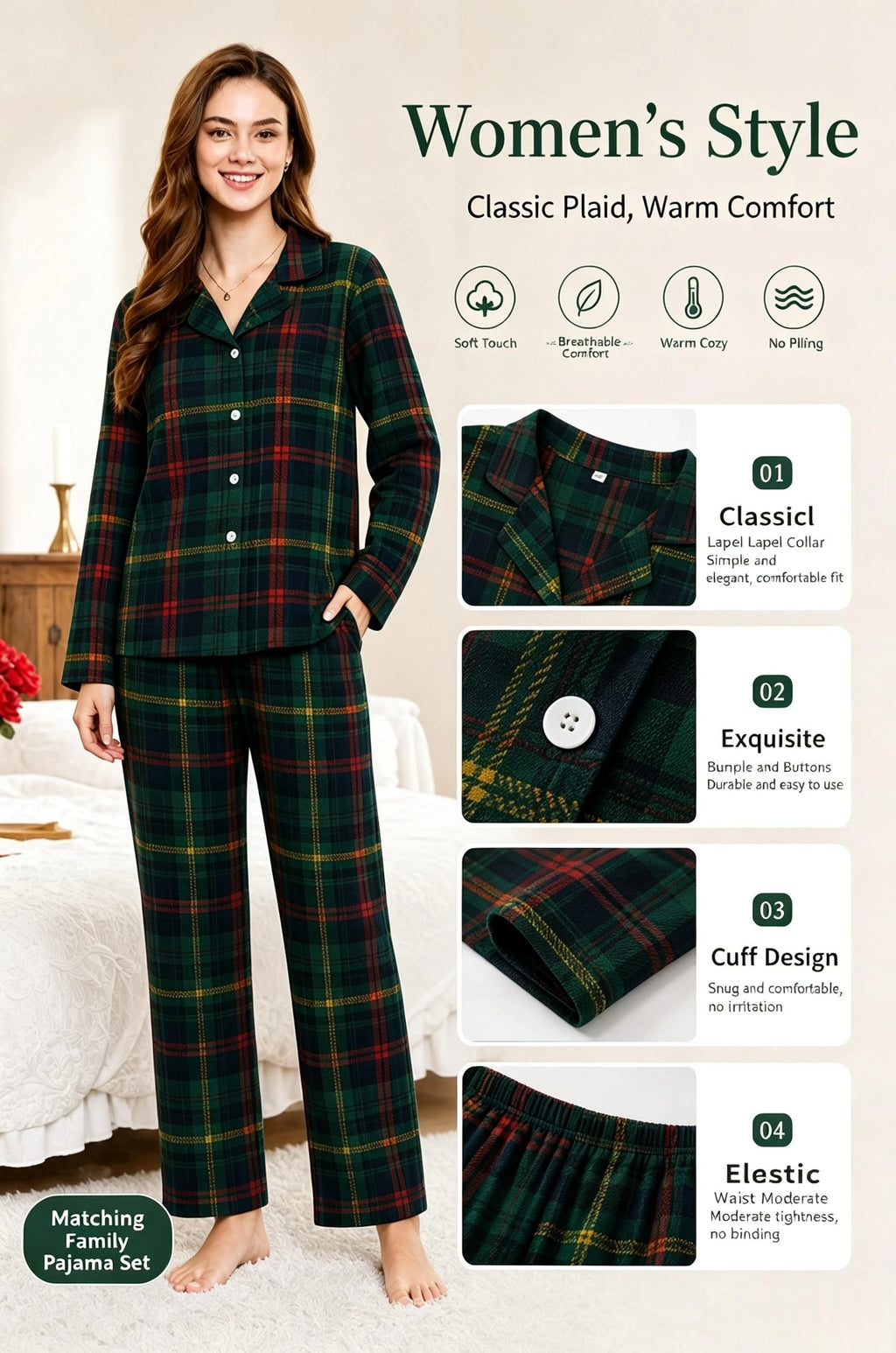 Xmas Party Look Wear Family Matching Cotton Pajamas Set Gree