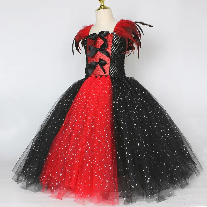 Kids' Long Sequin Tulle Dress Set in Red and Black,Queen Dre