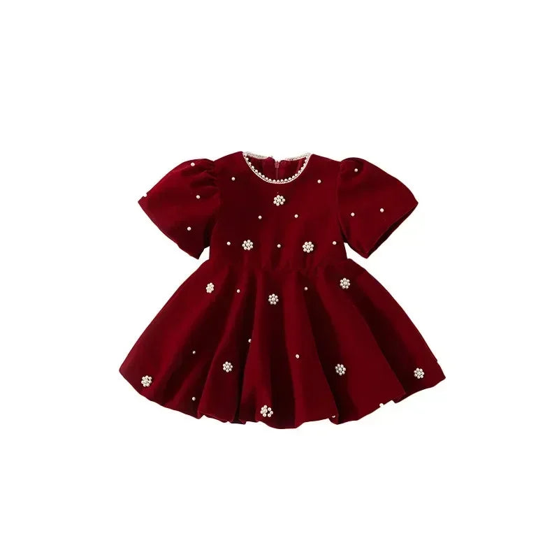 Autumn Winter Kids Girl Dress Beading Round Collar Puff Shor