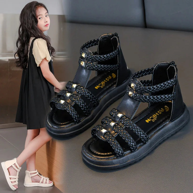 Girls Roman Sandals Open Toe Braided Solid Color High-top Si
