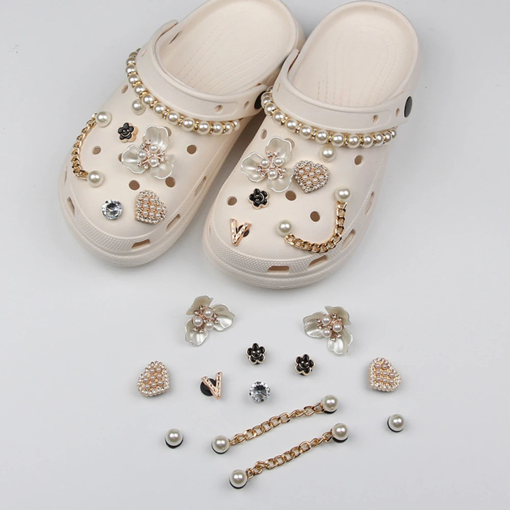 13PCS Summer Shoe Charms DIY Diamond Pearl Chain Gemstone De