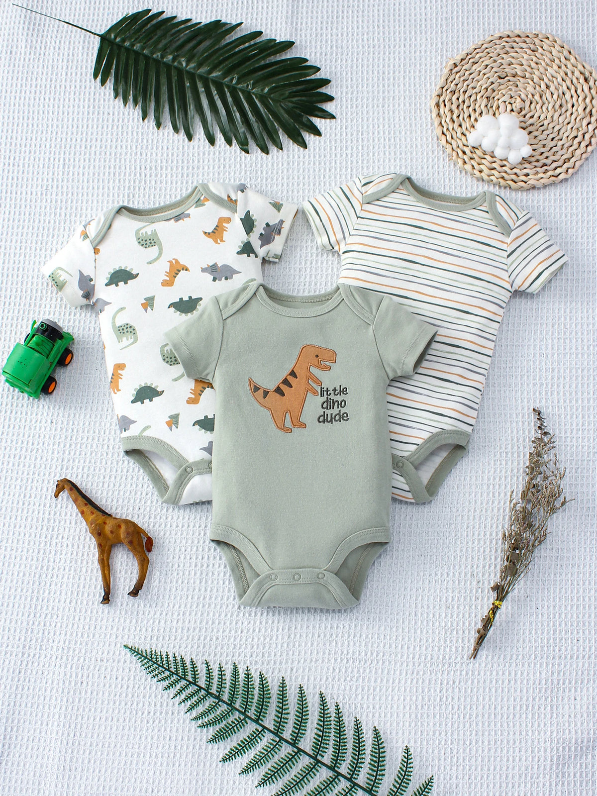 Dino Stripe Three-Piece Baby Romper Set