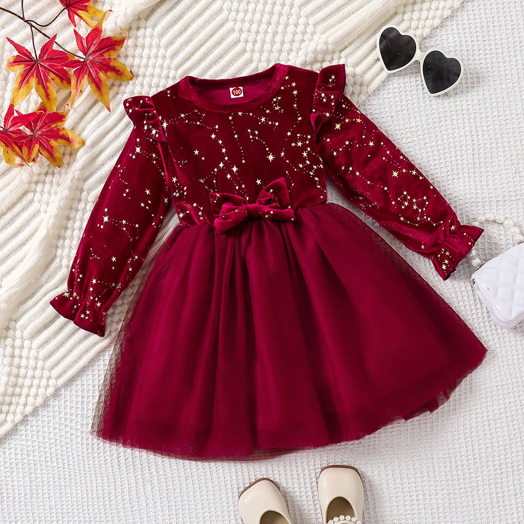 Girl Dress Autumn Winter Velvet Long Sleeved Mesh Bow Prince