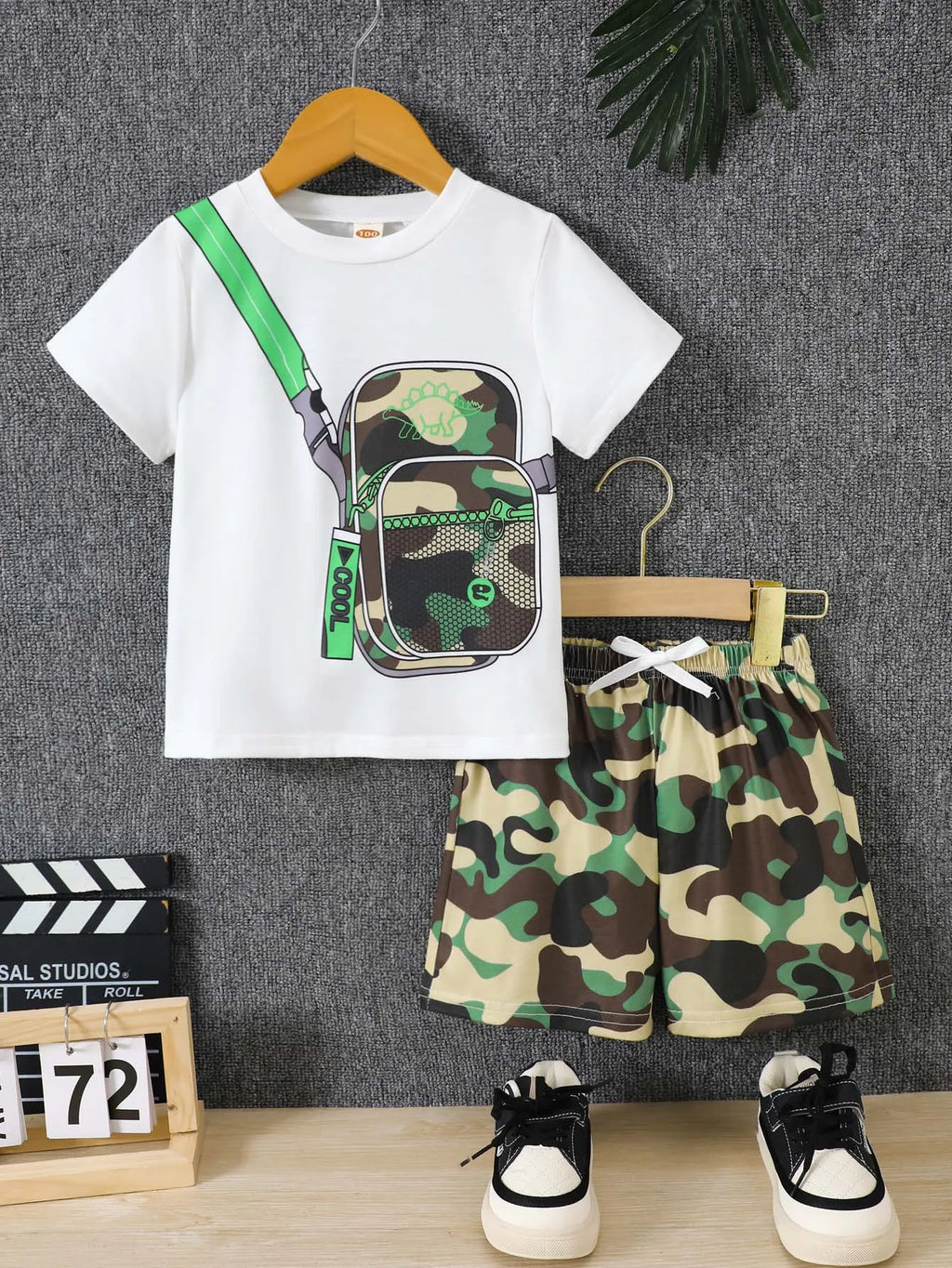 Boys Summer Clothing Set 2Pcs Breathable Fake Bag Print Shor