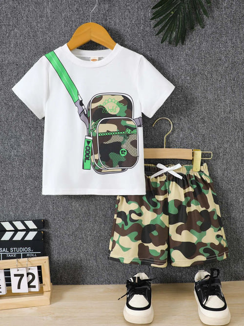 Boys Summer Clothing Set 2Pcs Breathable Fake Bag Print Shor