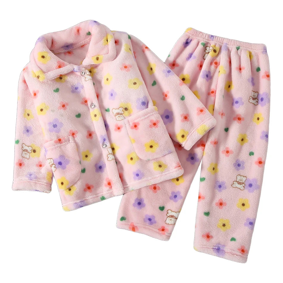 Cute Cartoon Pattern Coral Fleece Flannel Pajama Sets for Bo