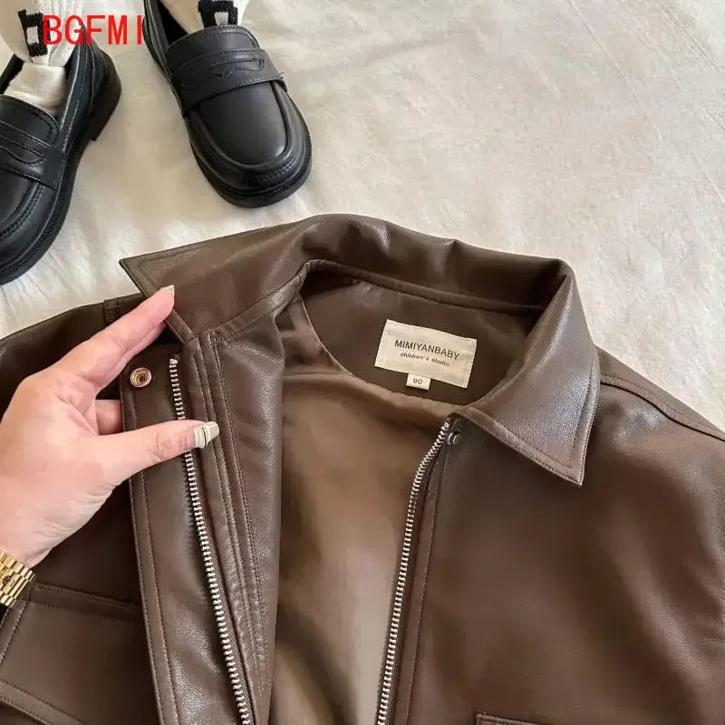 2-10Y Baby Boys Girls Zipper Jackets Brown PU Leather Lapel