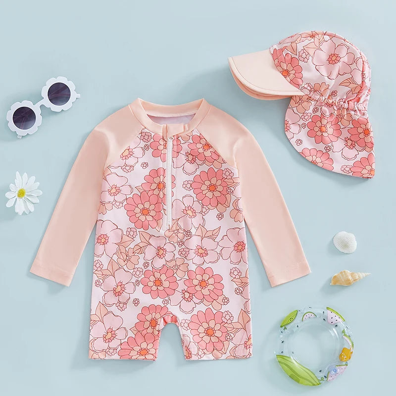 Tregren Toddler Girl Long Sleeve Swimsuit Floral/Flamingo Pr