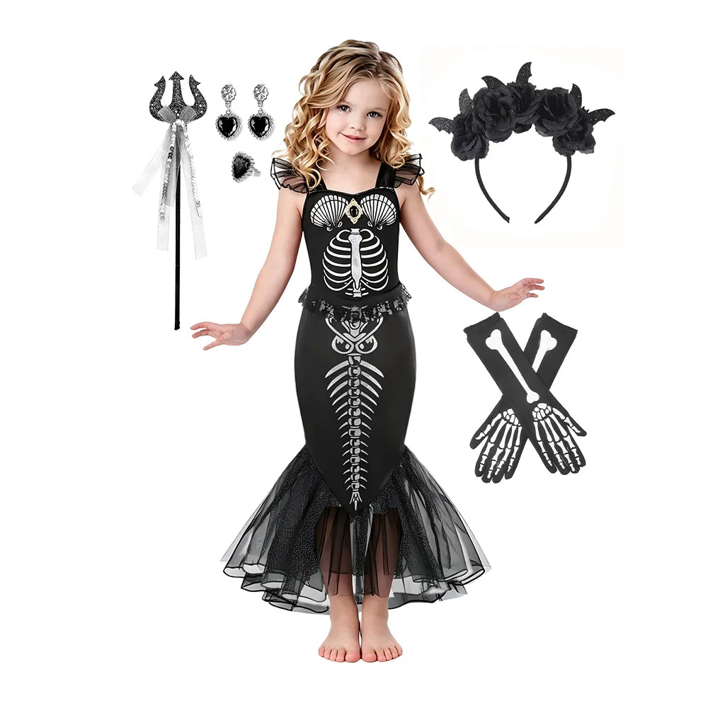 Gothic Mermaid Skeleton Dress – Ages 2–10
