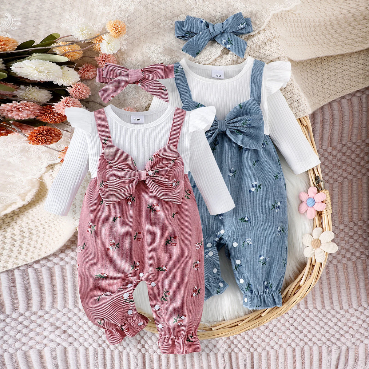 Floral Long Sleeve Baby Romper with Bow Headband