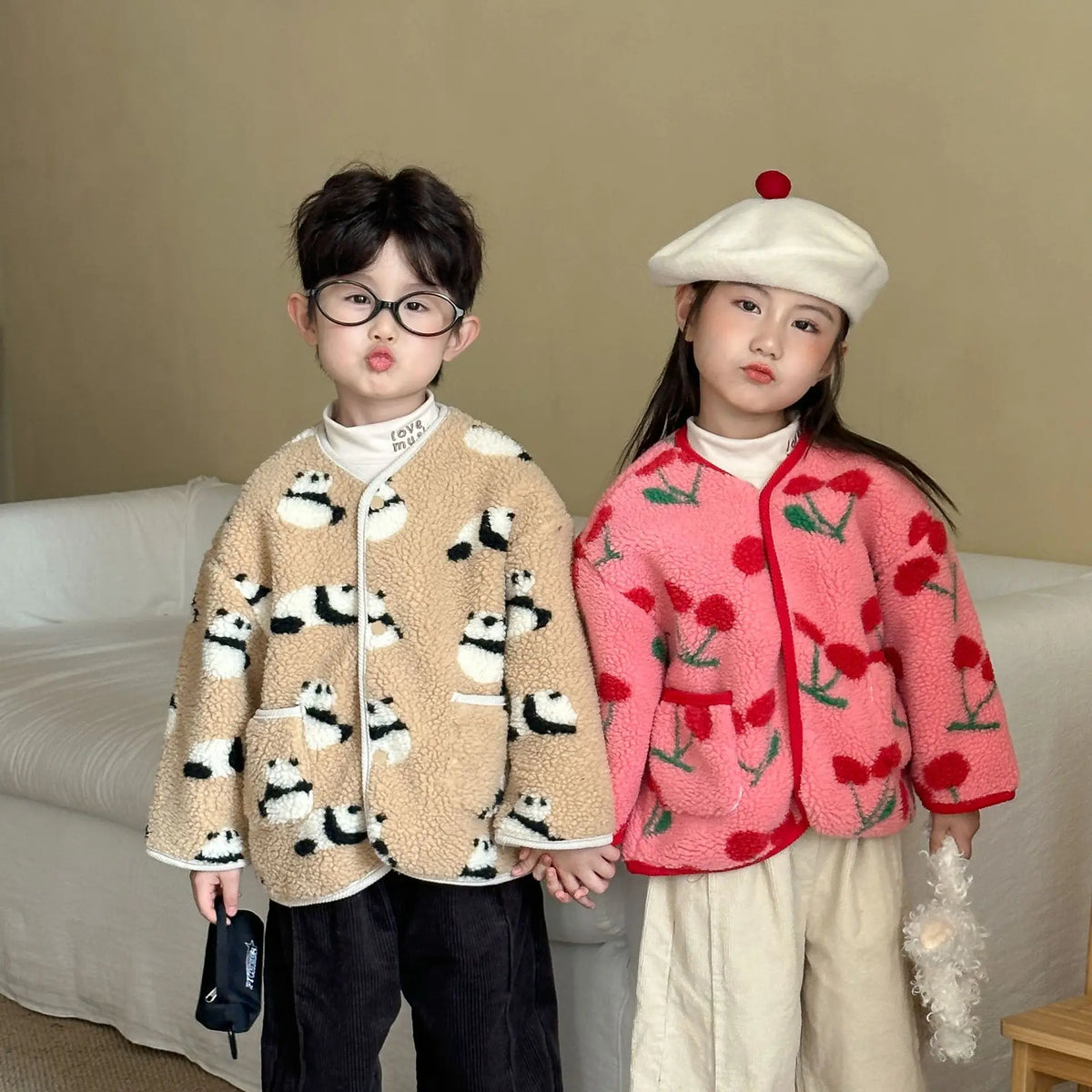 6978 Children's Lambswool Patterned Flower Coat Winter Boys