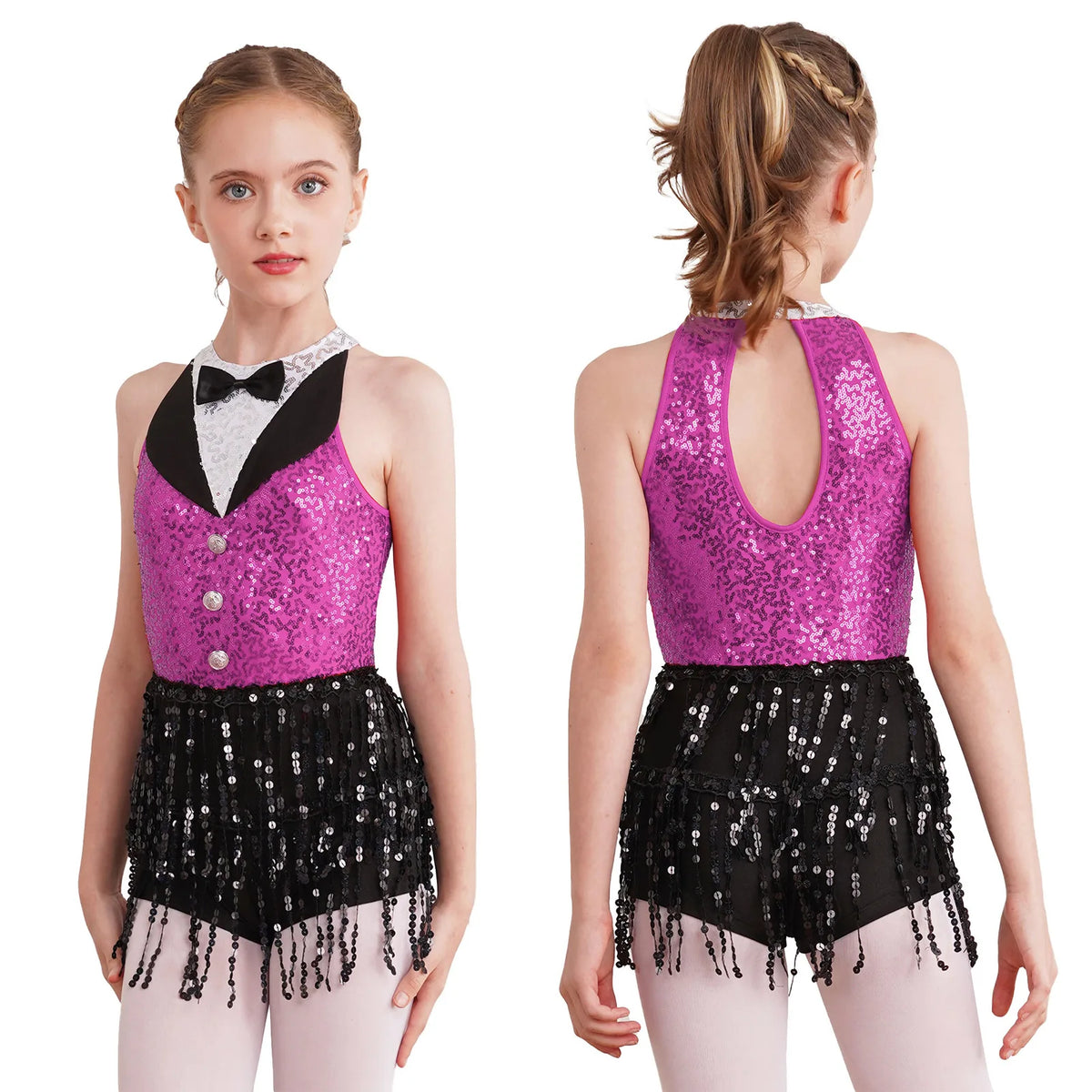 Kids Girls Sequins Tassel Dance Dress Sleeveless Back Keyhol