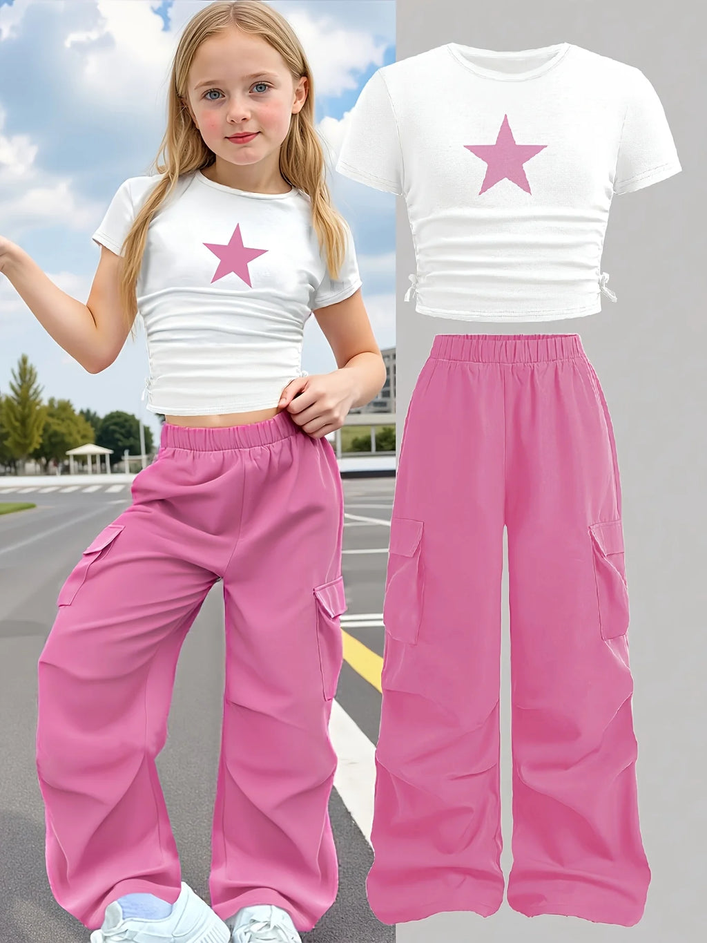 Summer 2-Piece Set: Star-Print Slim-Fit Crew-Neck Short-Slee
