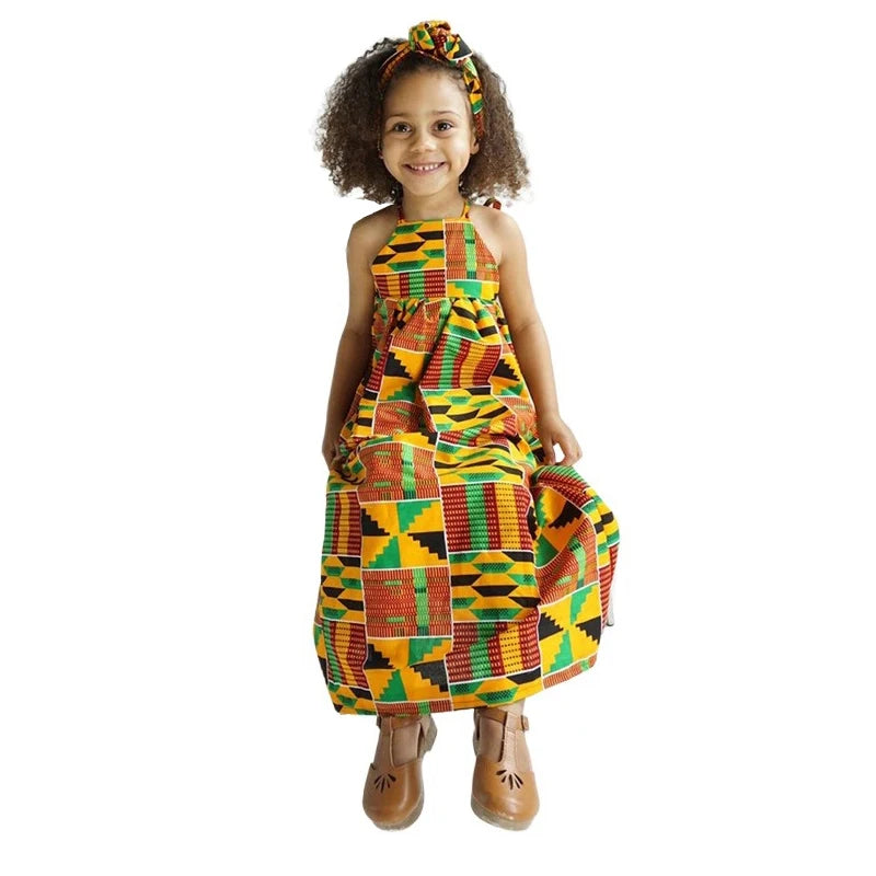 African Dress Kente Print Ankara Kids Girls Summer Tradition