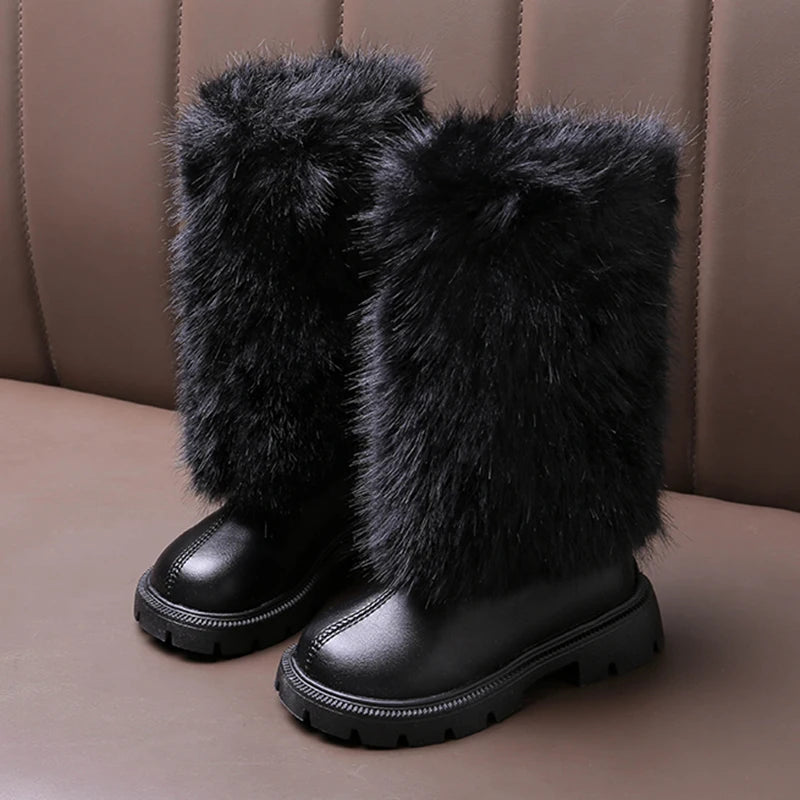 Luxury Fluffy Fur Girl Knee High Boots Winter 2026 Comfort N