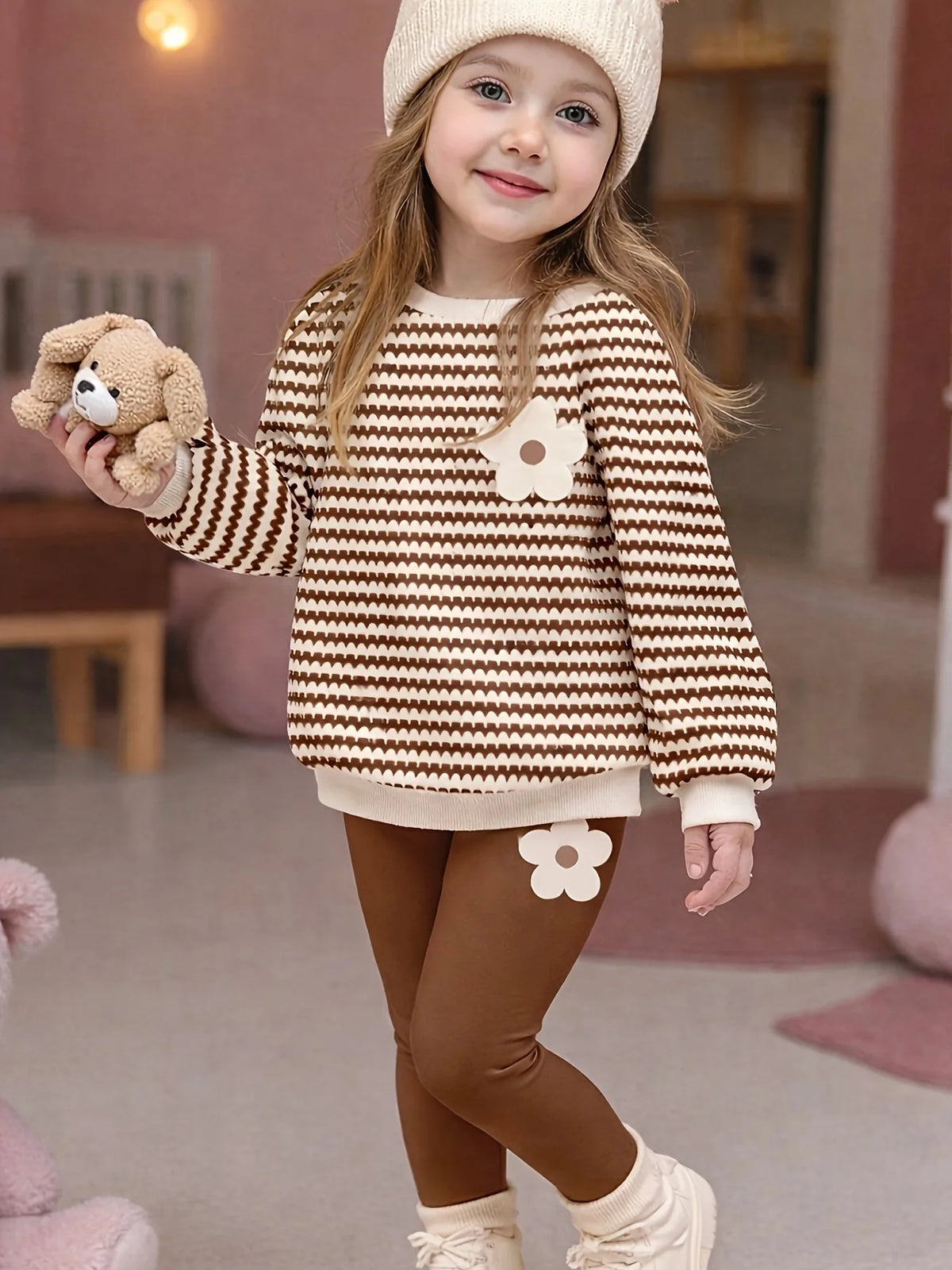 Trendy Girls 2Pcs Co-Ord, Wave Striped 3D Flower Decor Crew