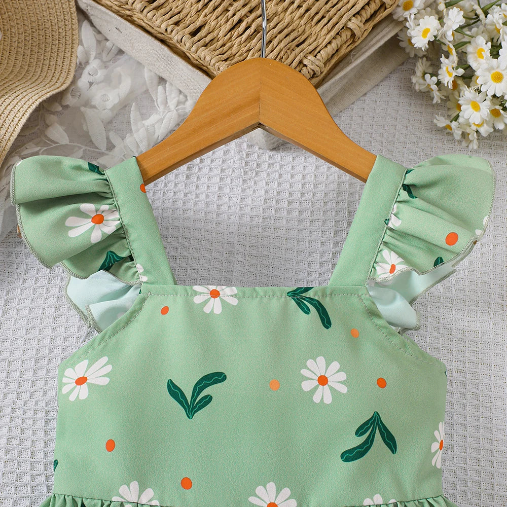 Girls' Summer Plant Print Dress with Flutter Sleeves