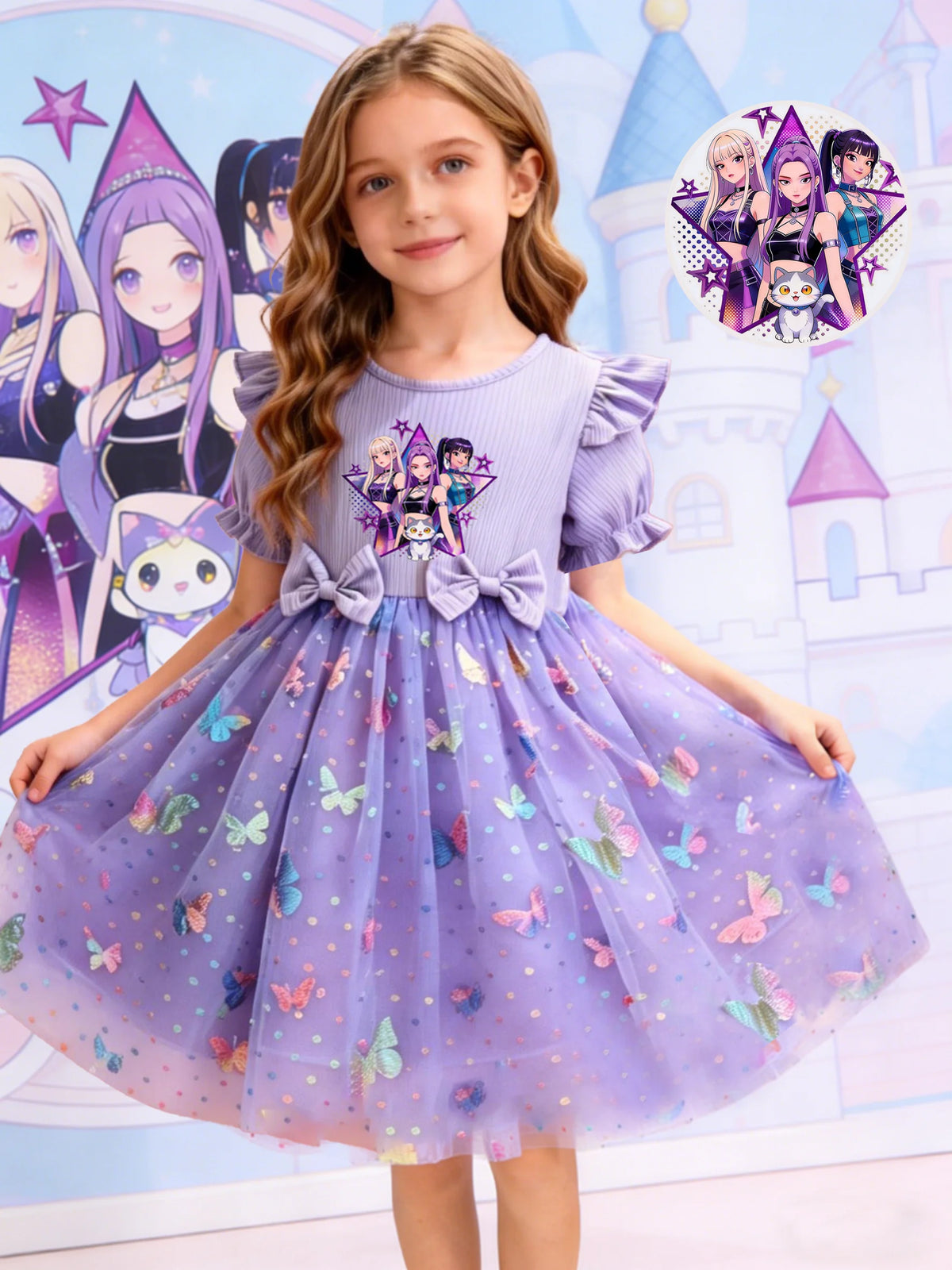 Dreamy Style Kids Princess Dress, Purple, K-POP Cartoon Prin