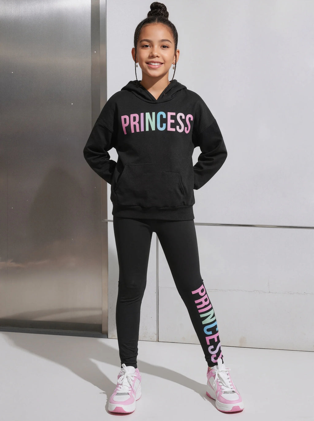 Girls Letter Print Long Sleeve Hoodie with Skinny Pants Set