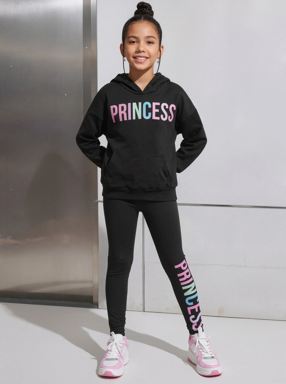 Girls Letter Print Long Sleeve Hoodie with Skinny Pants Set