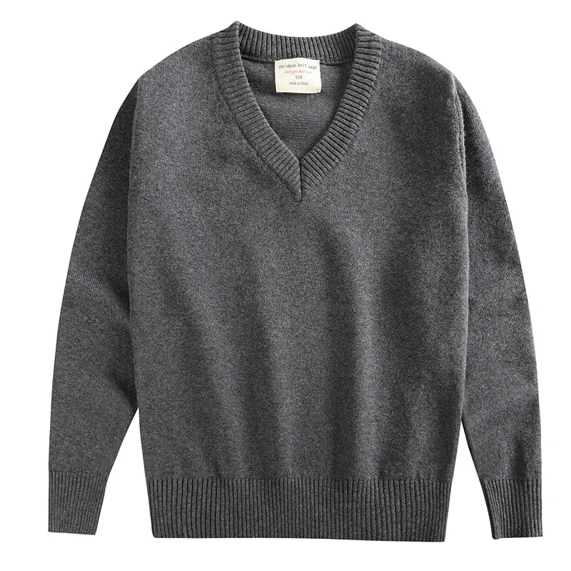 Children V-neck Solid Knit Sweater Boys Girls Warm Long Slee