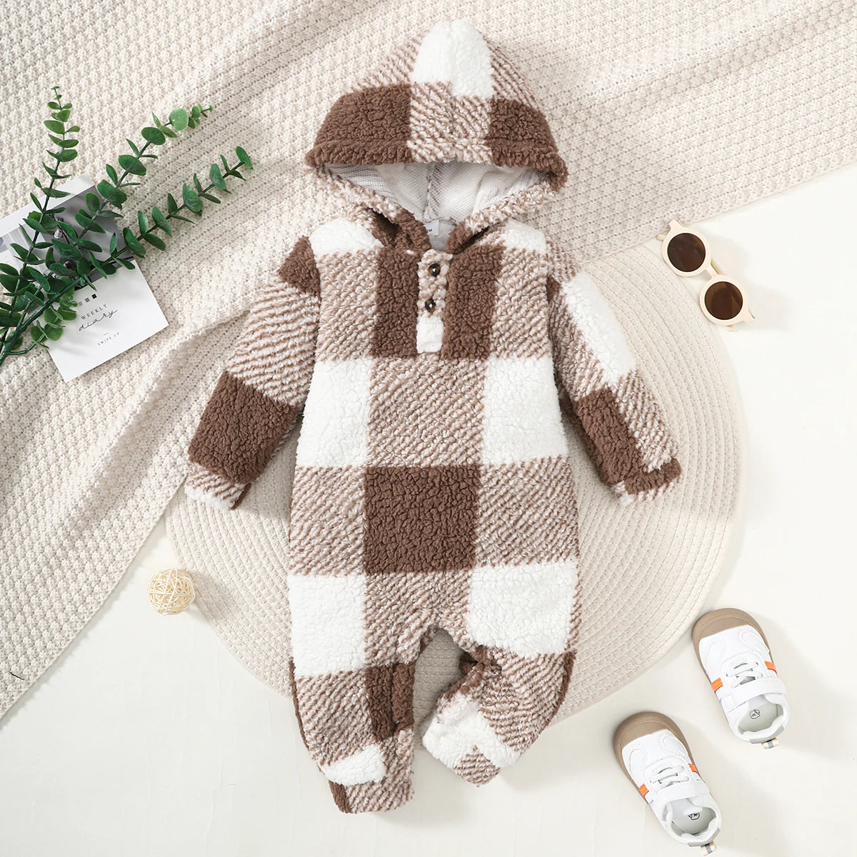 Cosy Plaid Hooded Romper | Baby 3-24 Months