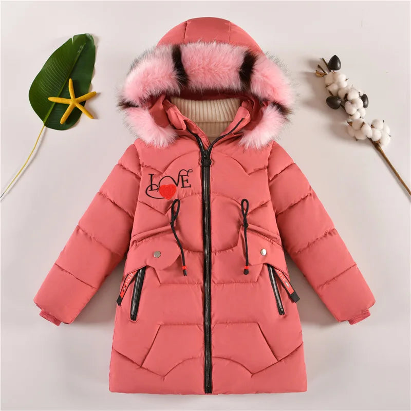 5-14 Years Old Winter Boys Girls Jacket Long Style Hooded Fu