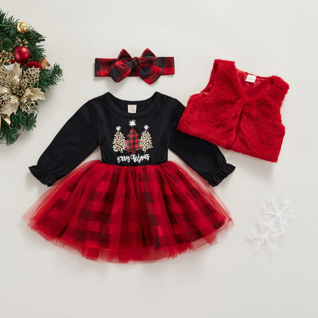 Christmas dress with plush vest and headband for girls | See:Saw Kids