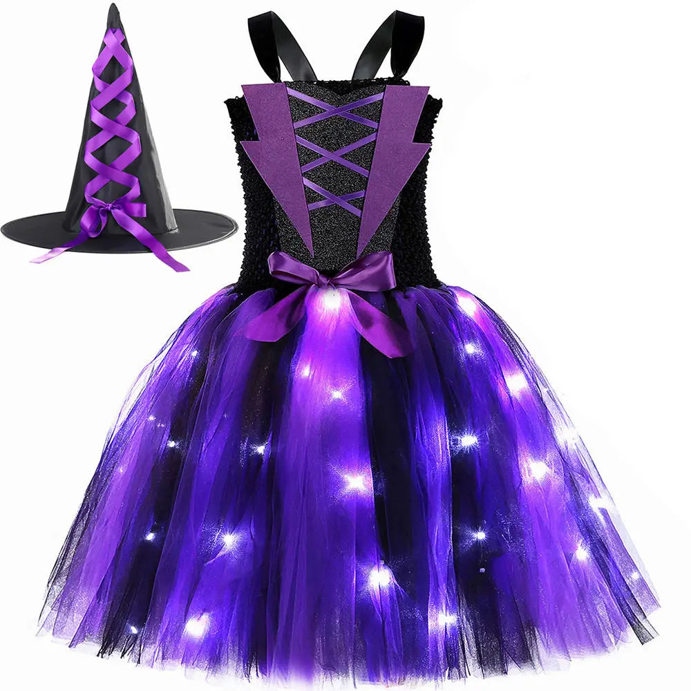 Halloween Wicked Witch Costume for Girls Purple Black LED Light Up Tulle Tutu Dress