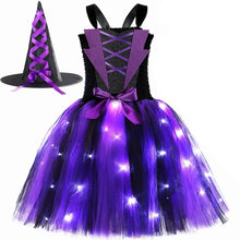 Load image into Gallery viewer, Halloween Wicked Witch Costume for Girls Purple Black LED Light Up Tulle Tutu Dress