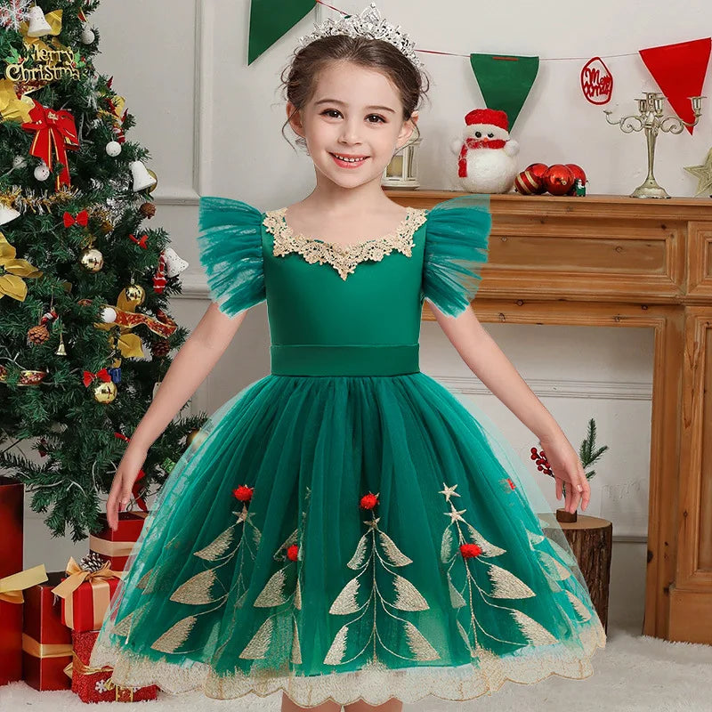 Christmas Tree Embroidery Princess Dress