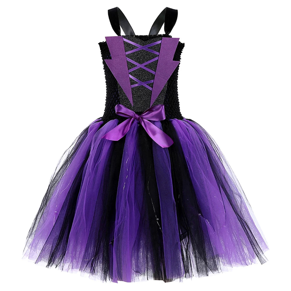 Halloween Wicked Witch Costume for Girls Purple Black LED Light Up Tulle Tutu Dress