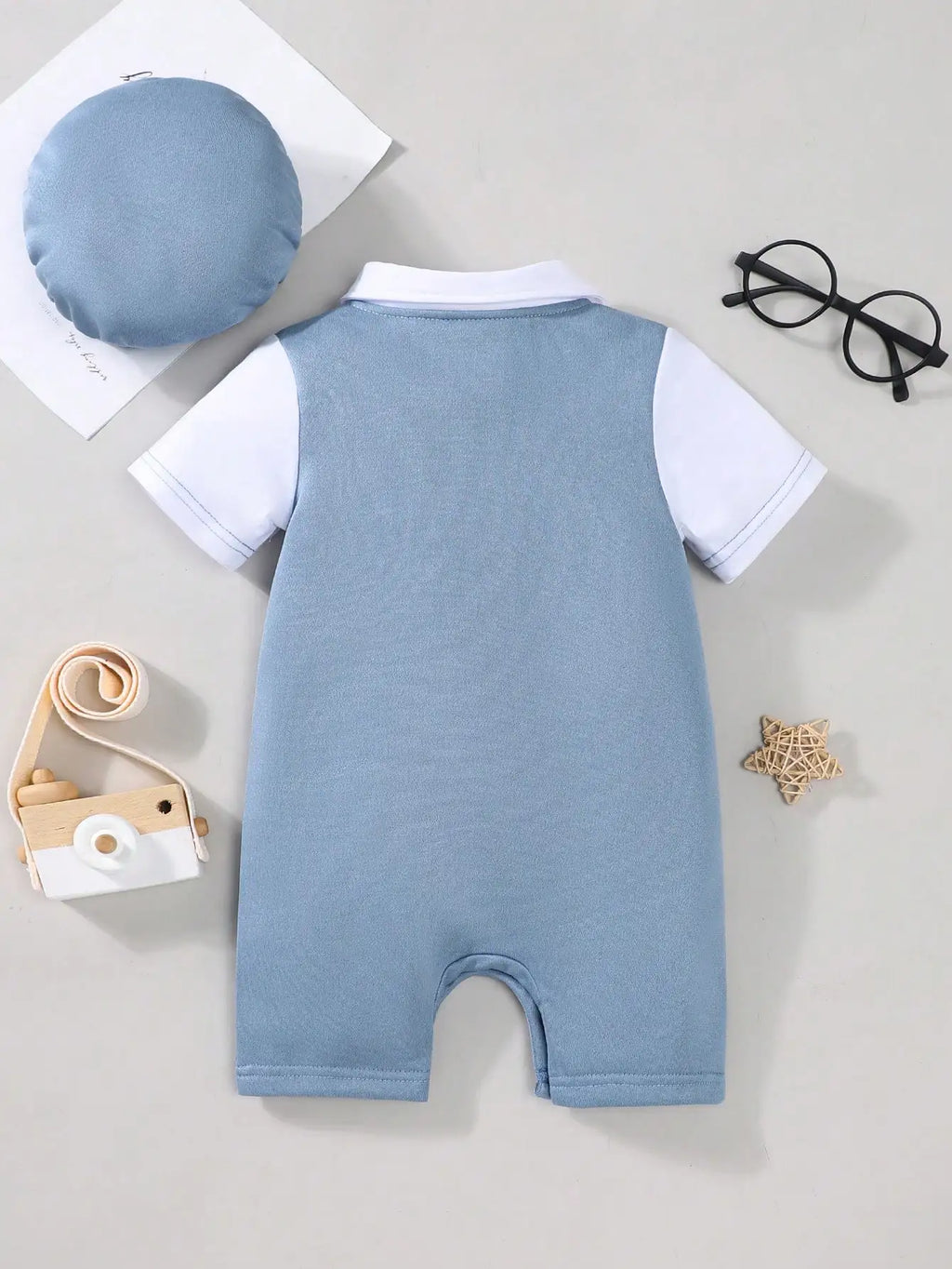 3-Piece Newborn Comfort Lapel Short Sleeve Shorts Patchwork Jumpsuit + Hat Suit
