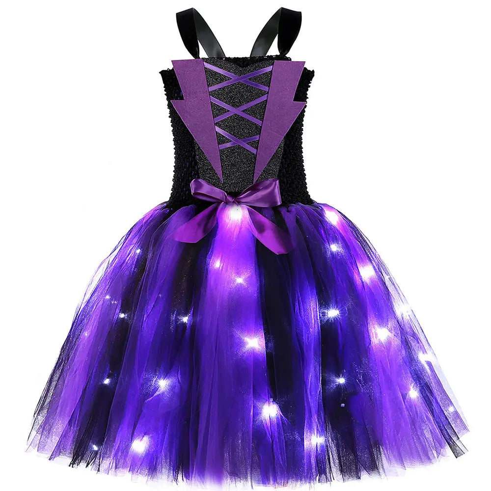 Halloween Wicked Witch Costume for Girls Purple Black LED Light Up Tulle Tutu Dress