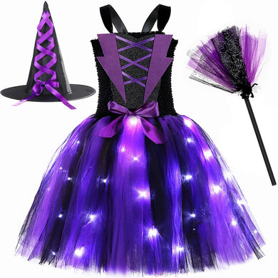 Halloween Wicked Witch Costume for Girls Purple Black LED Light Up Tulle Tutu Dress