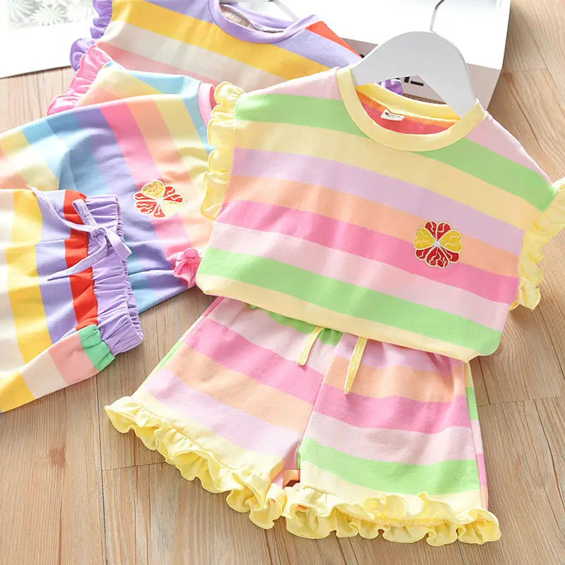 Children's Rainbow Short Sleeve Top + Striped Printed Shorts