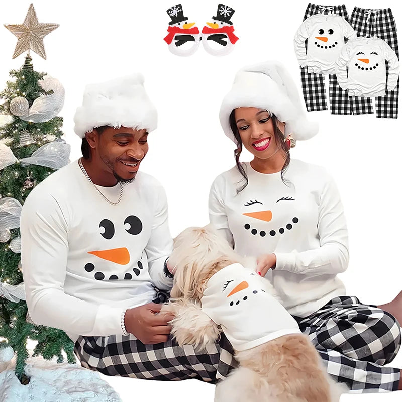 Matching Christmas pyjamas family cotton snowman tops and plaid pants | See:Saw Kids