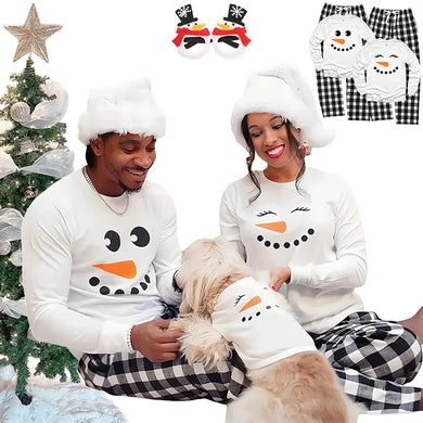 Matching Christmas Pajamas for Family - 2-Piece Cotton Snowman Tops & Plaid Pants Set for Moms, Kids & Couples