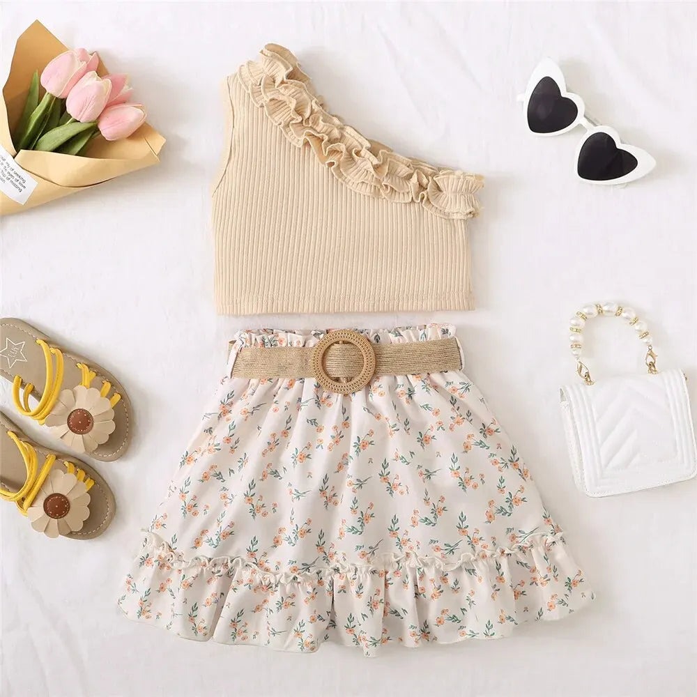 Retro off-shoulder top and flowers skirt outfit for girls | See:Saw Kids