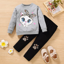 Load image into Gallery viewer, Cat print blouse + trousers soft girls casual cartoon suit cotton kids clothing