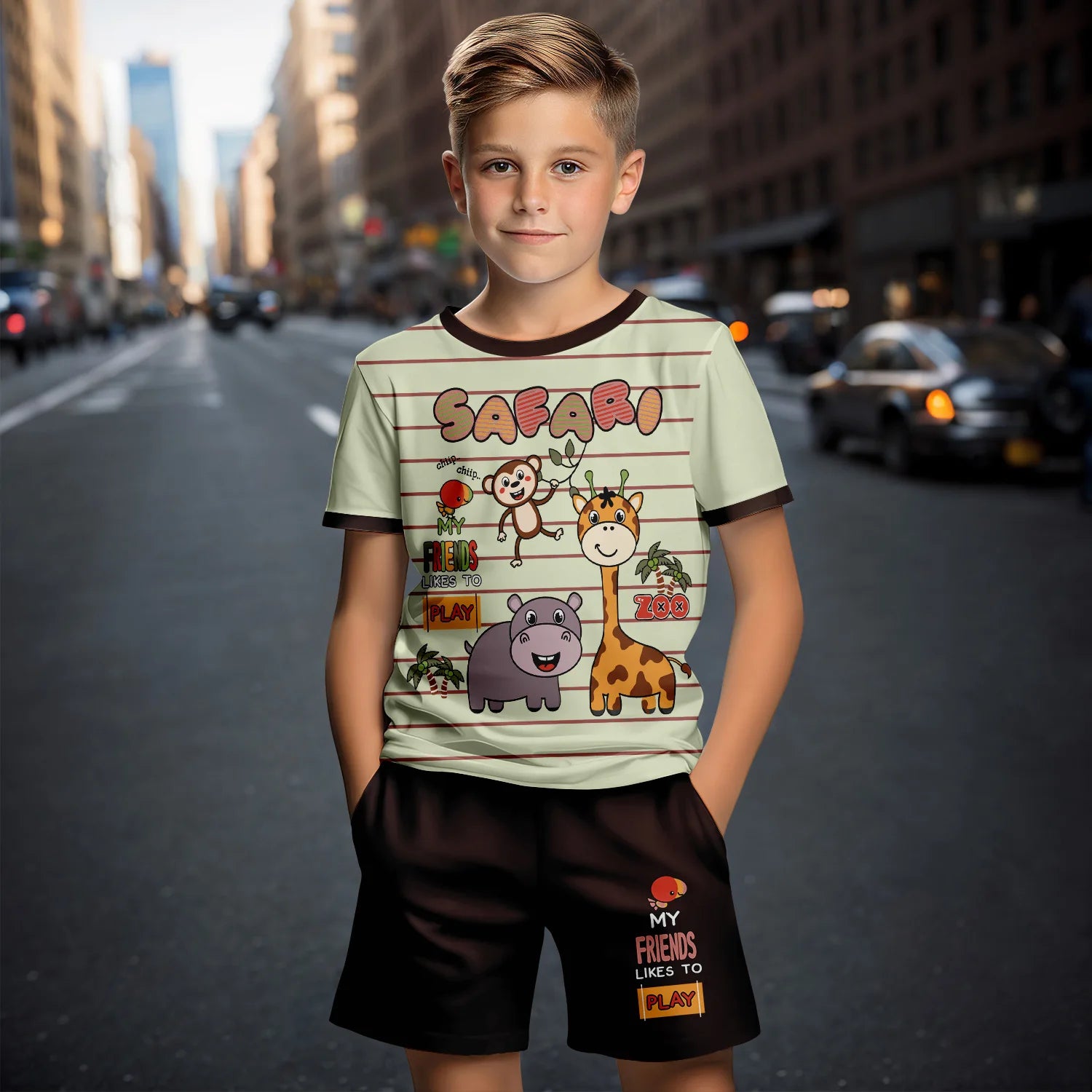 3d cartoon print short sleeve t-shirt suit shorts