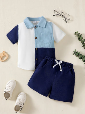 Flip collar Color Blocked Pit Stripe Top+Shorts