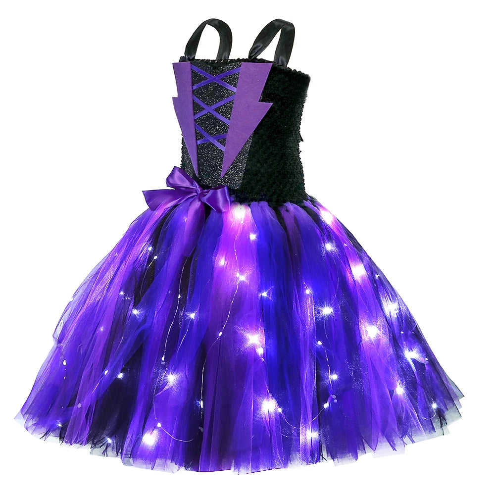 Halloween Wicked Witch Costume for Girls Purple Black LED Light Up Tulle Tutu Dress