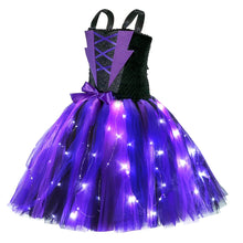 Load image into Gallery viewer, Halloween Wicked Witch Costume for Girls Purple Black LED Light Up Tulle Tutu Dress