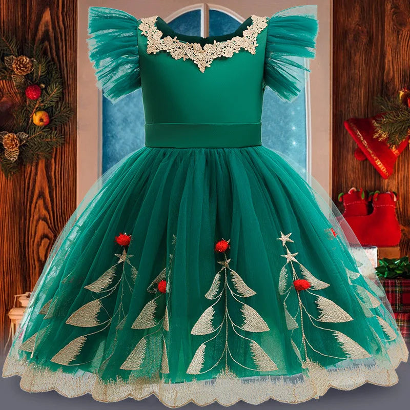 Christmas Tree Embroidery Princess Dress