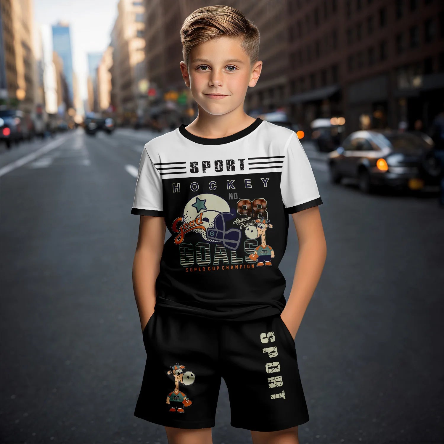 3d cartoon print short sleeve t-shirt suit shorts