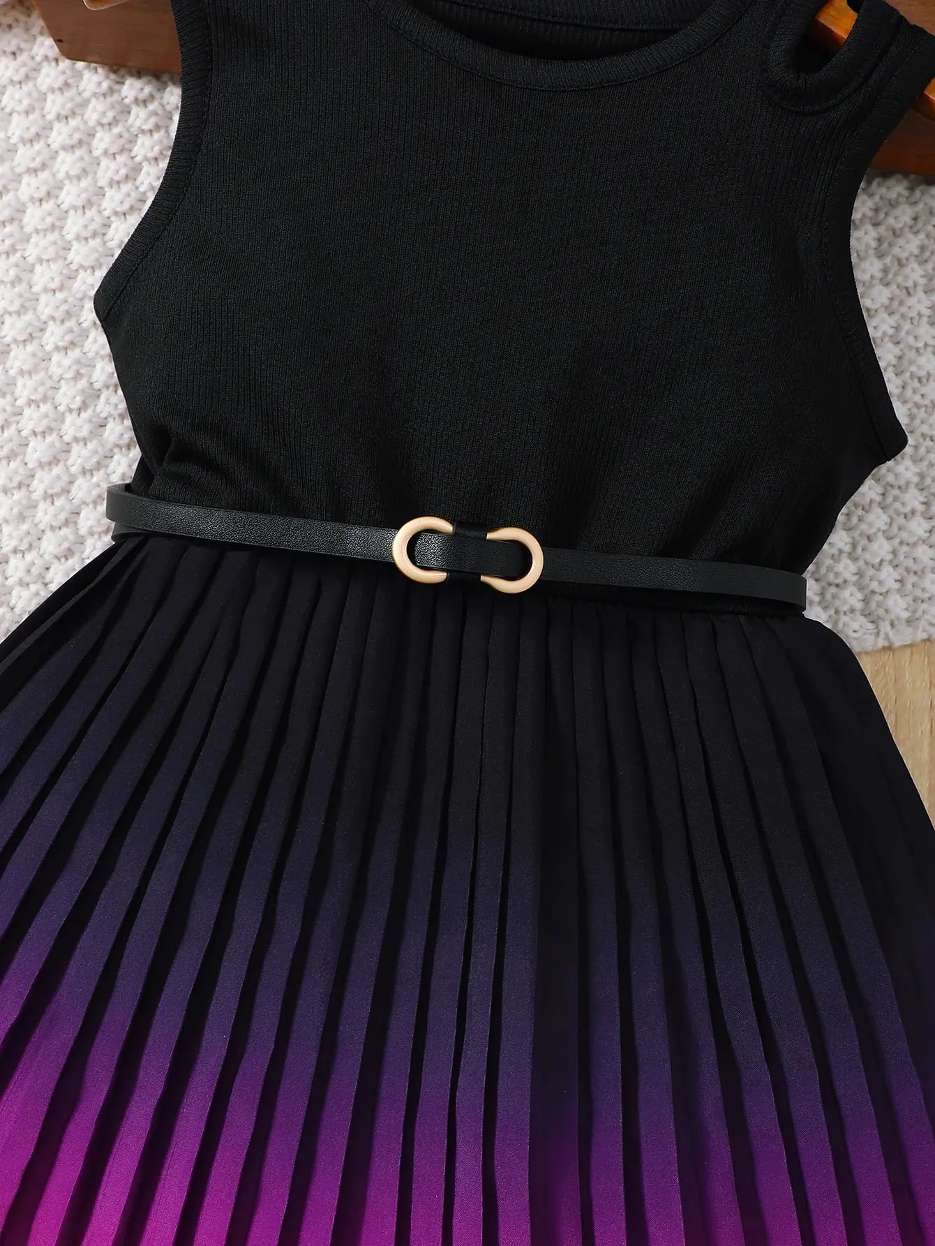Girl's Gradient Color Blocking Pleated Hem Summer Sleeveless Belt Dress