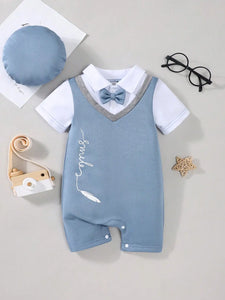 3-Piece Newborn Comfort Lapel Short Sleeve Shorts Patchwork Jumpsuit + Hat Suit