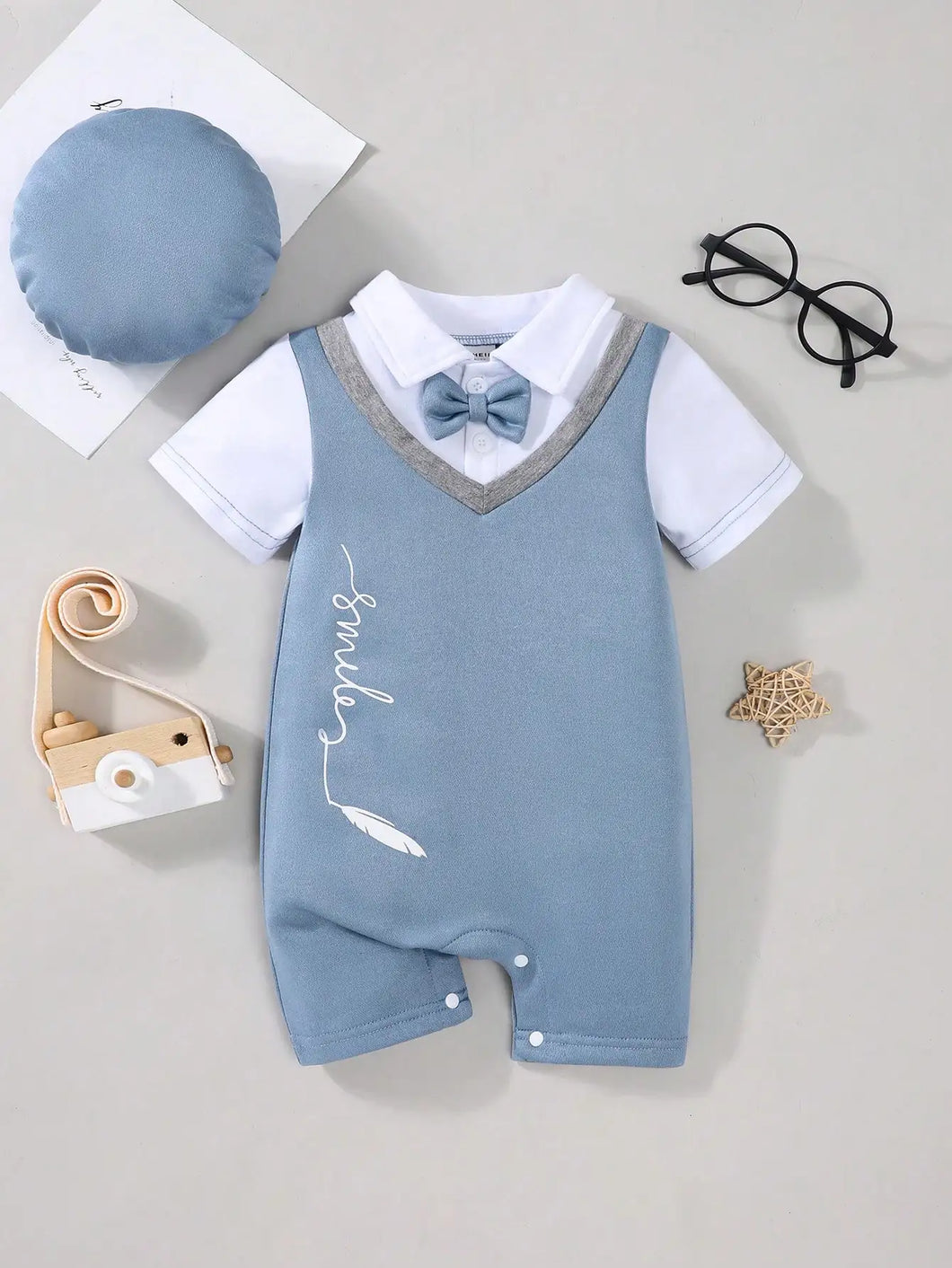 3-Piece Newborn Comfort Lapel Short Sleeve Shorts Patchwork Jumpsuit + Hat Suit